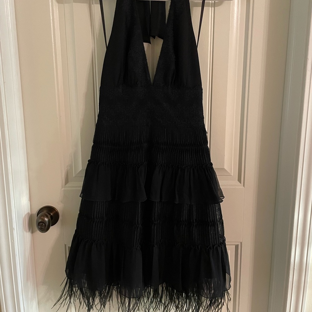 BCBG Maxazria black halter dress with feather detailing